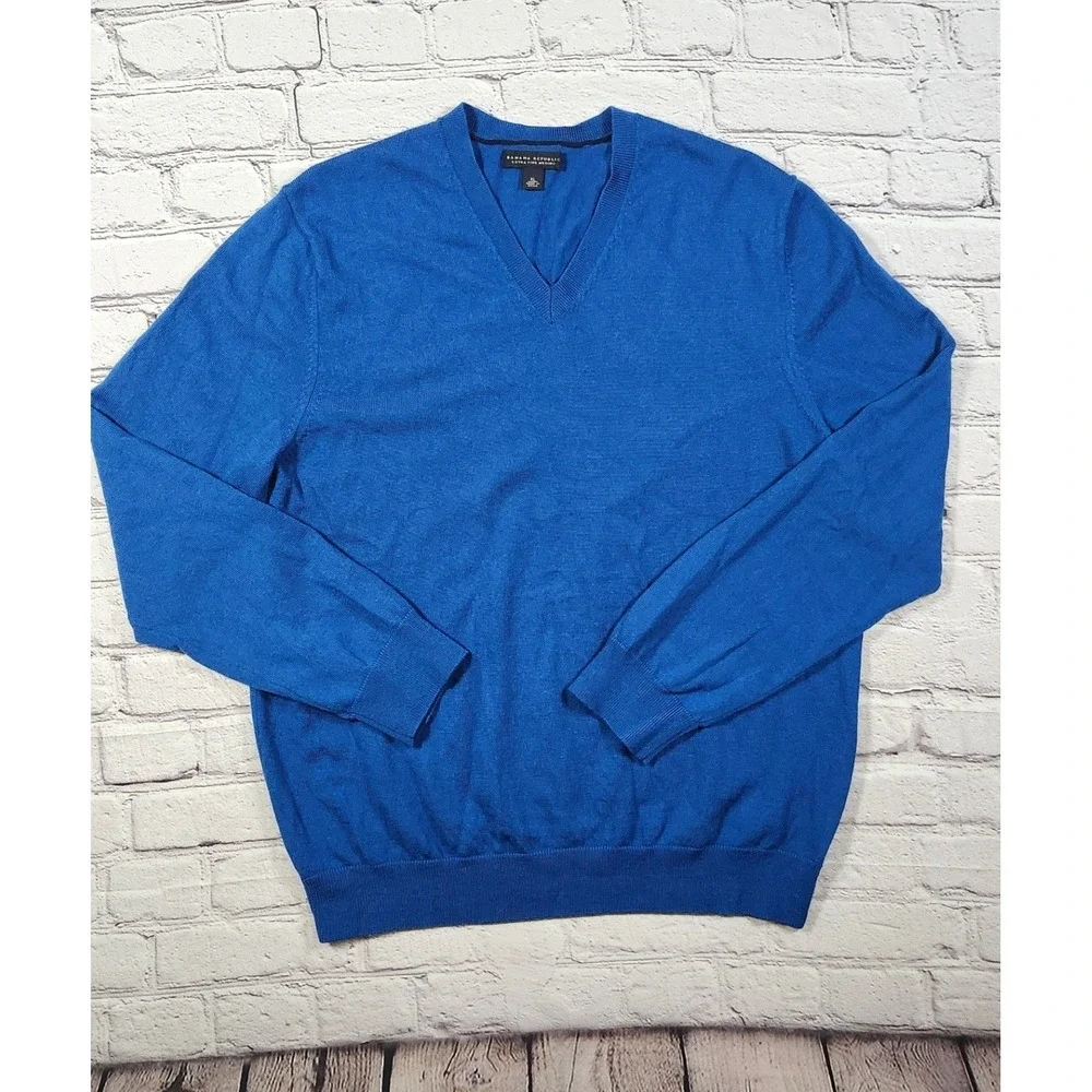 Banana Republic Extra Fine Merino Wool V-Neck Sweater Royal Blue Mens XL